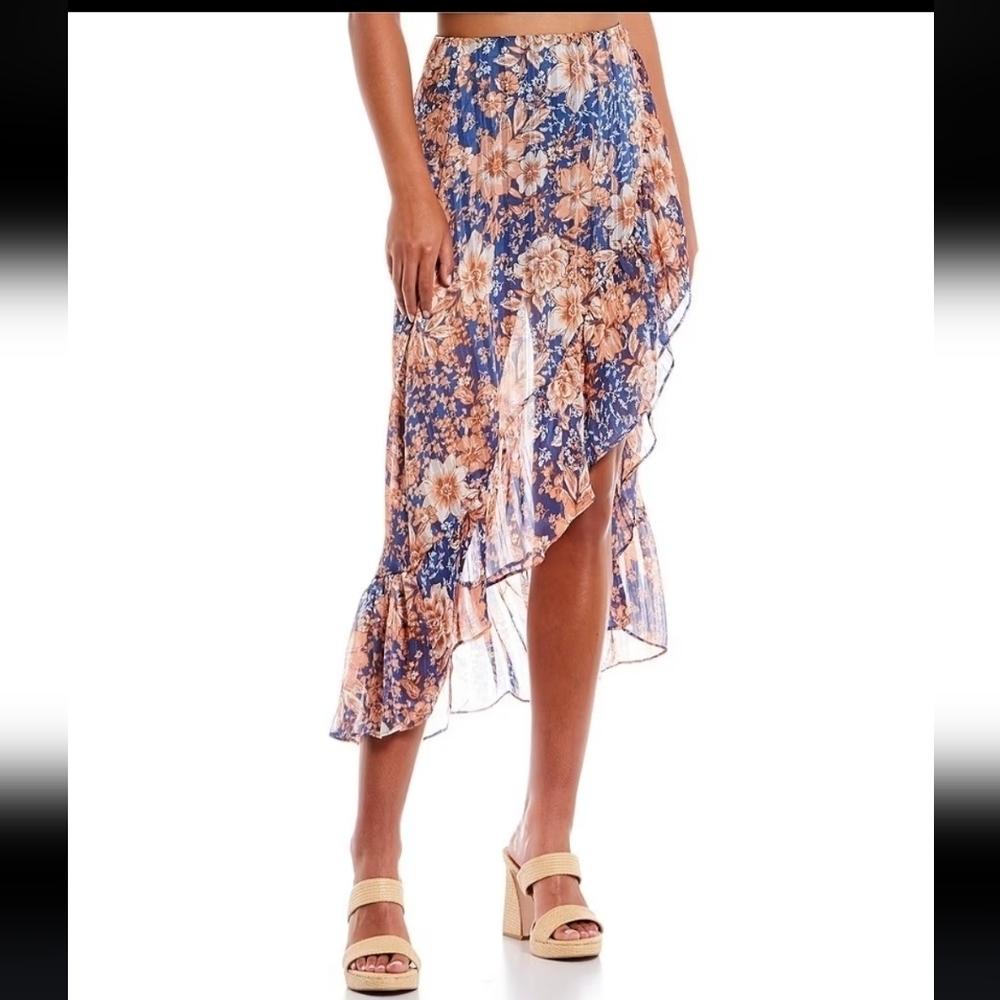 Love & Piece Coordinating Floral Print High-Low Ruffle Trim Wrap Skirt/Skort XL